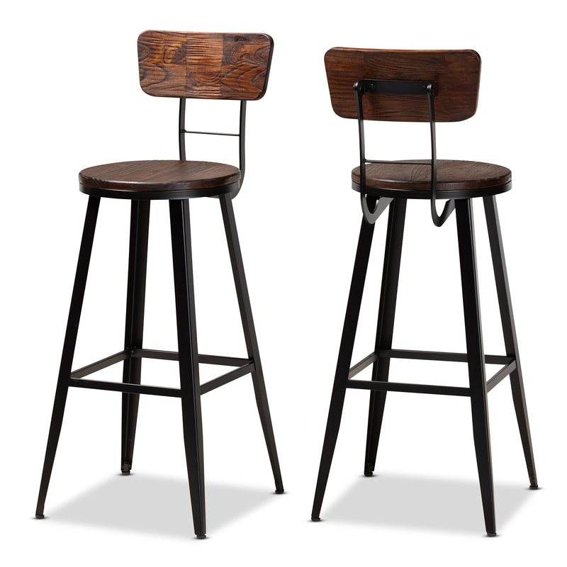 Kenna Vintage Rustic Industrial Bar Stool Set - 2-Piece Wood and Black Metal Design for Home Kitchen or Pub Use