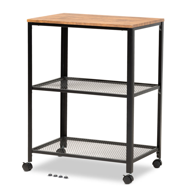 Verna Kitchen Serving Cart Vintage Rustic Industrial Design with Black Metal and Oak Brown Wood for Stylish Home Dining