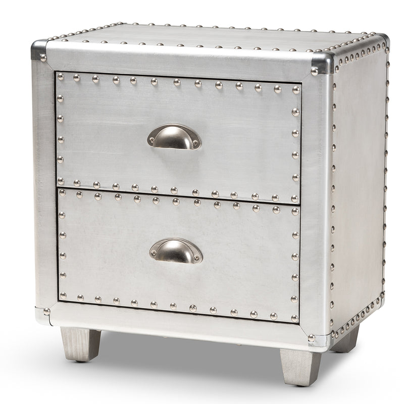 Davet Industrial End Table French Silver Metal 2-Drawer Nightstand for Living Room or Bedroom