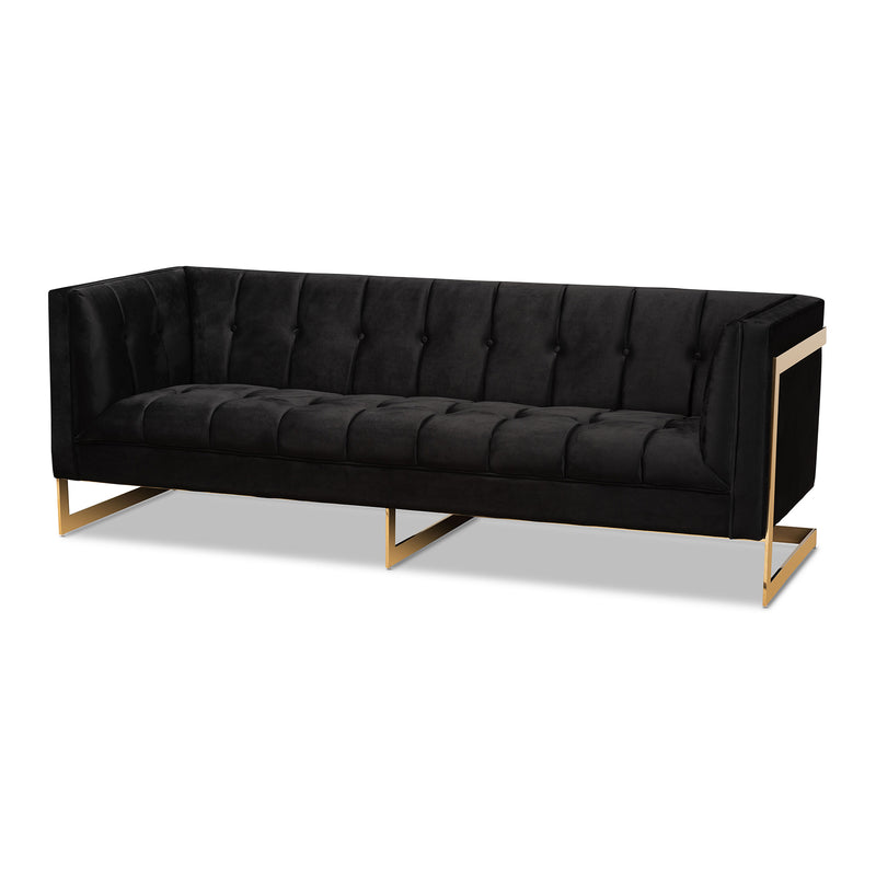 Ambra Glam Sofa Luxe Black Velvet Upholstered Button Tufted with Gold-Tone Frame