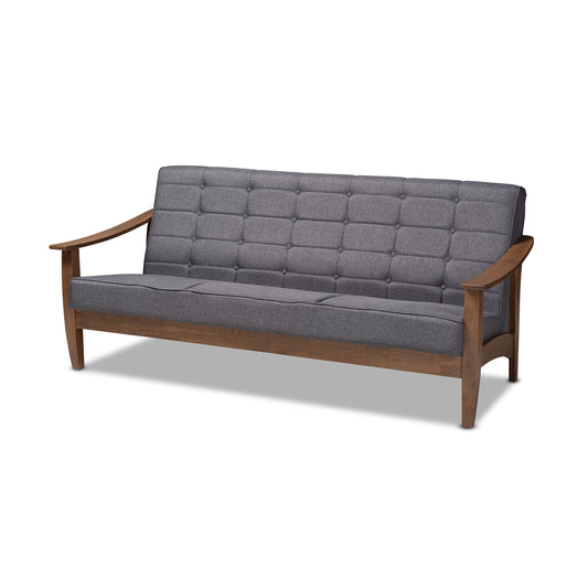 Larsen Mid-Century Modern Sofa Gray Fabric Upholstered Walnut Wood Frame Stylish Living Room Furniture Retro Design Comfortable Seating