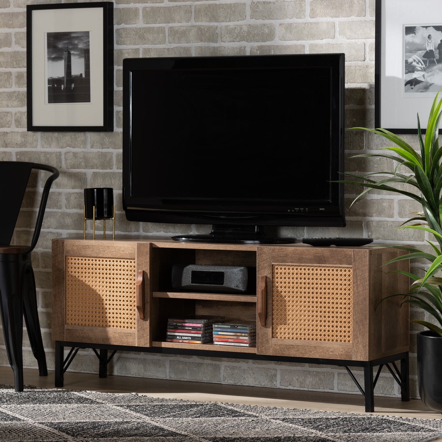 Veanna TV Stand Bohemian Natural Brown Wood and Black Metal 2-Door Design with Synthetic Rattan Accents for Stylish Living Room Storage