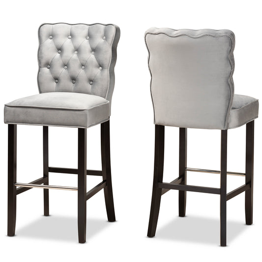 Daphne Bar Stool Set Modern and Contemporary Dark Grey Velvet Fabric Upholstered with Dark Brown Finished Wood 2-Piece