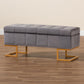 Ellery Ottoman Luxe and Glam Grey Velvet Fabric Upholstered Gold Finished Metal Storage