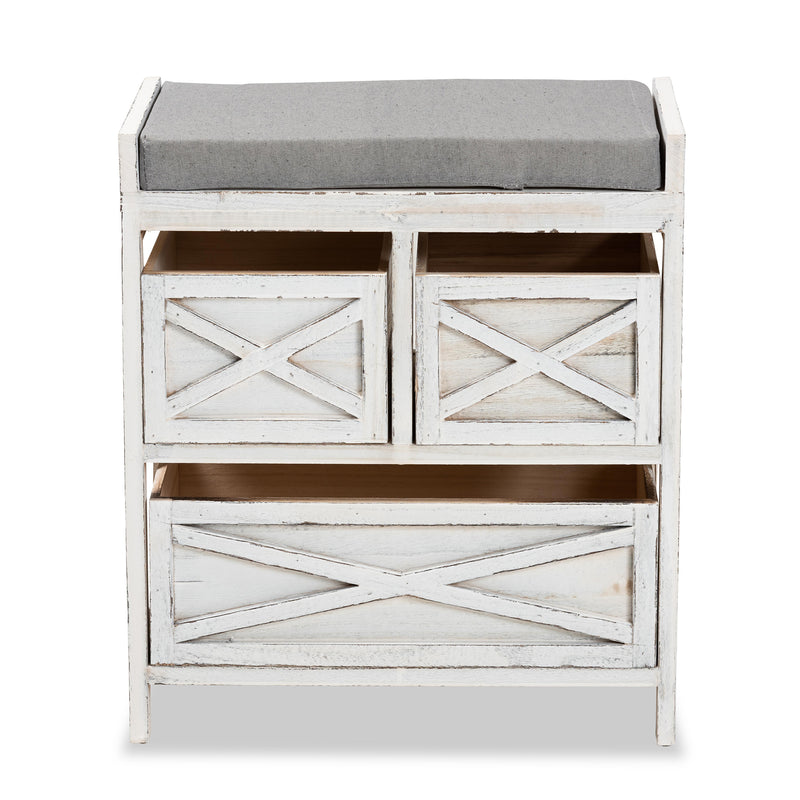 Parra Storage Bench Modern Farmhouse Style Grey Fabric Upholstery Whitewashed Wood 3 Drawers for Organized Storage