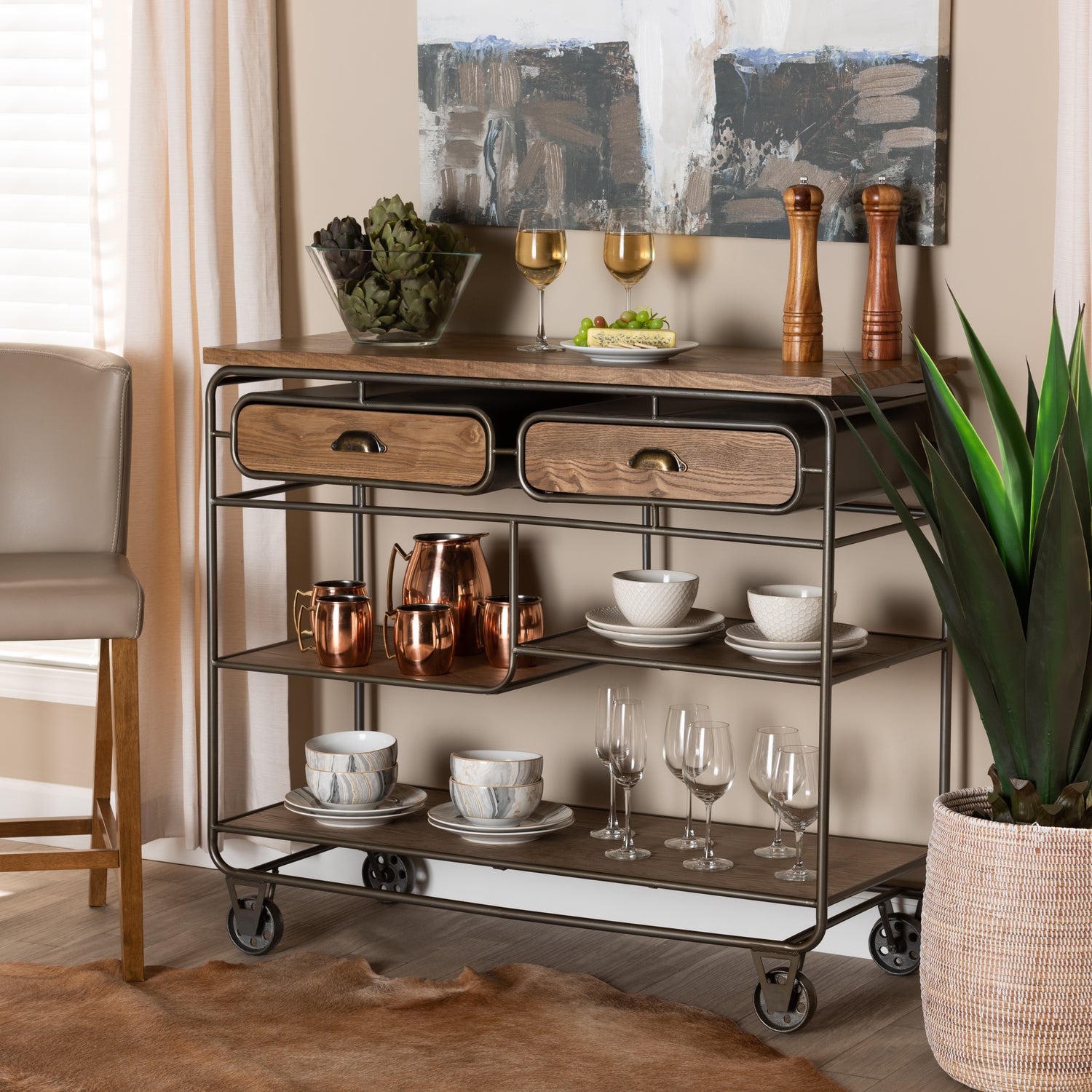 Grant Vintage Rustic Industrial Kitchen Cart with 2 Drawers, Oak Brown Wood and Black Metal Design