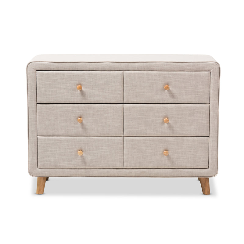 Jonesy Dresser - Mid-Century Beige Linen Upholstered 6-Drawer