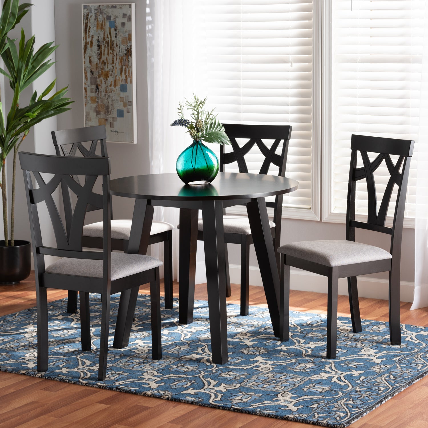 Derya 5-Piece Dining Set: Modern Grey Fabric Chairs with Dark Brown Finished Wood Table