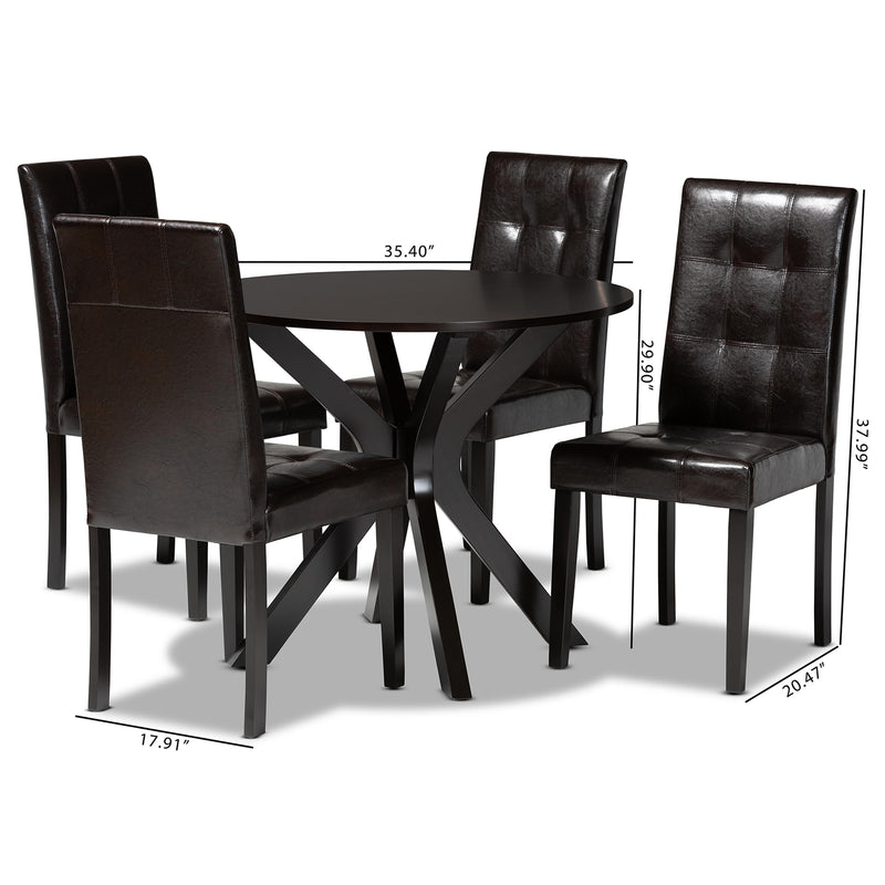 Marie 5-Piece Dining Set - Modern Dark Brown Faux Leather Chairs with Finished Wood Table