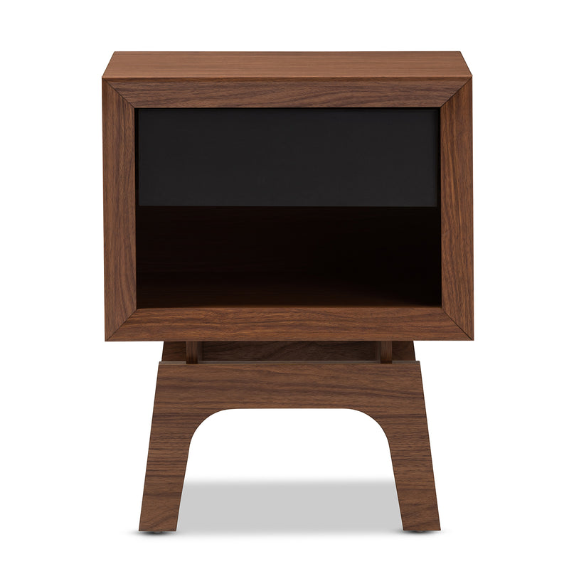 Svante Nightstand - Mid-Century Modern Walnut Brown and Dark Gray Wood with 1 Drawer for Bedroom Storage