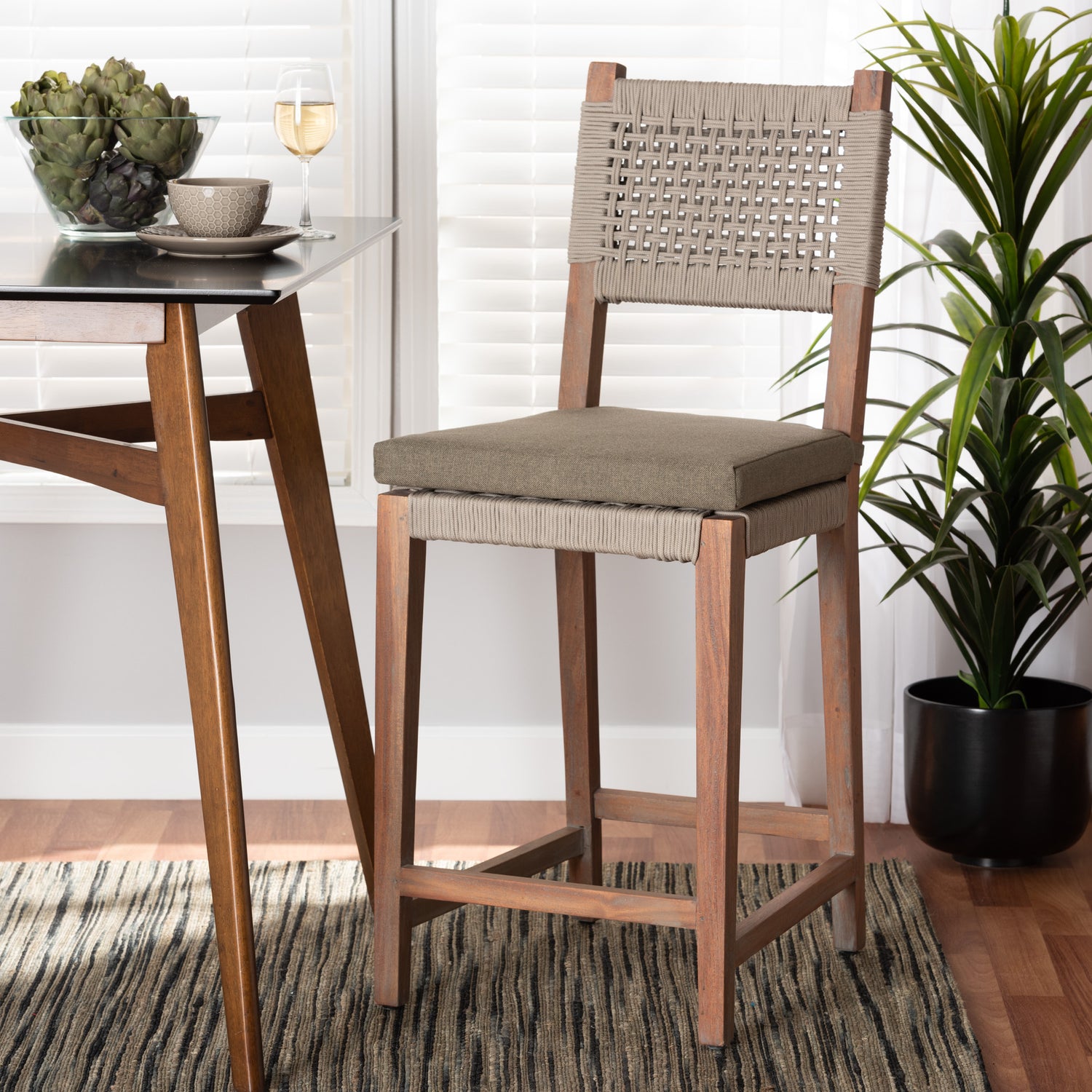 Heyna Counter Stool - Mid-Century Transitional Design in Grey Woven Rope with Mahogany Finish