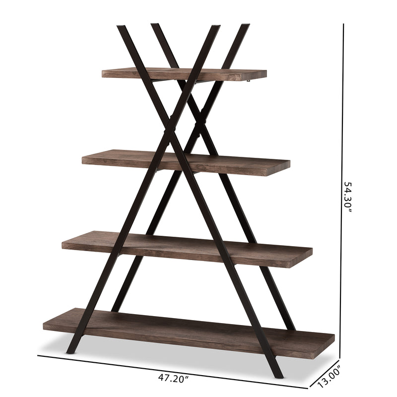 Fiera Industrial 4-Tier Display Shelf Rustic Walnut Wood and Black Metal Living Room Furniture for Stylish Home Decor