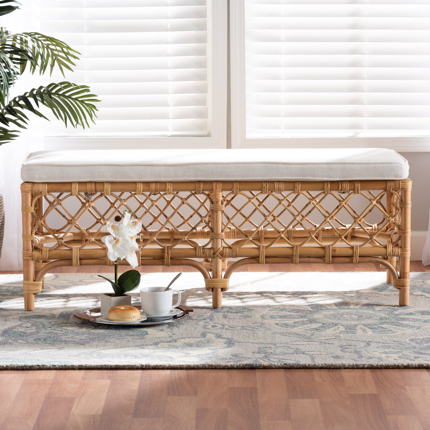 Orchard Modern Bohemian Bench White Fabric Upholstered with Natural Brown Rattan Accents for Stylish Seating and Decor