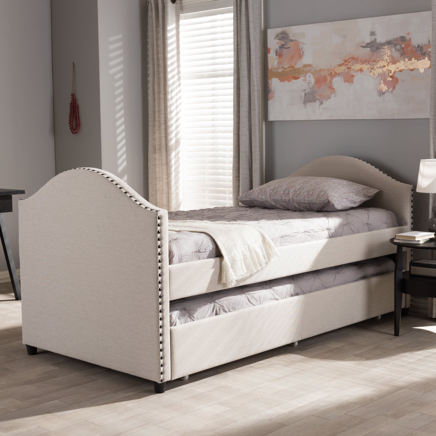 Alessia Daybed Modern and Contemporary Beige Fabric Upholstered with Guest Trundle Bed