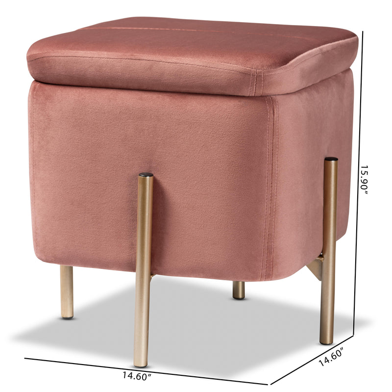 Aleron Ottoman Contemporary Glam Luxe Pink Velvet Fabric Upholstered Gold Finished Metal Storage