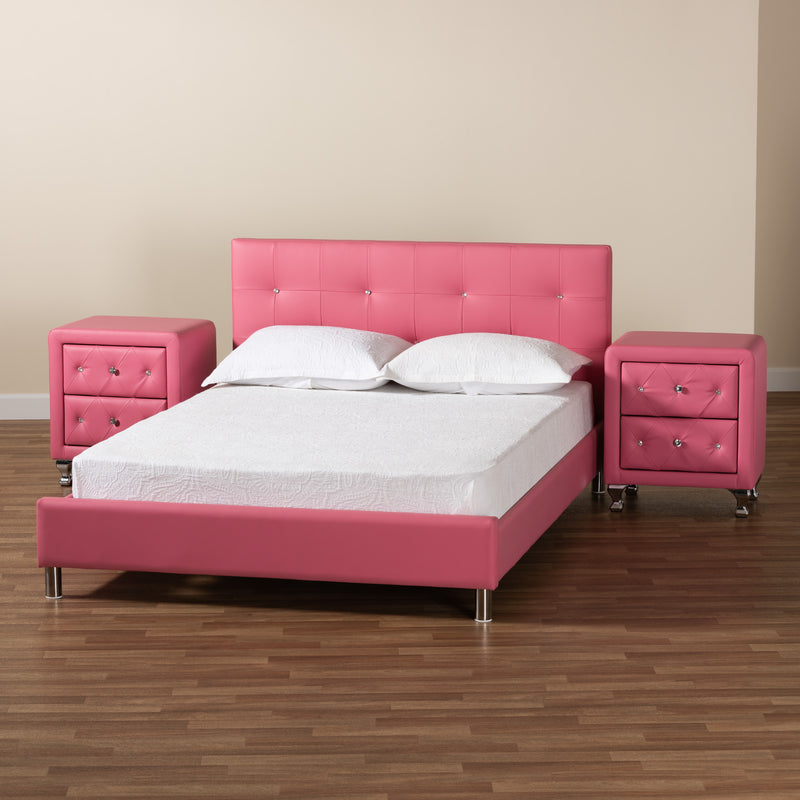 Barbara Contemporary Glam Full Size 3-Piece Bedroom Set in Pink Faux Leather, Stylish Modern Design for Chic Decor