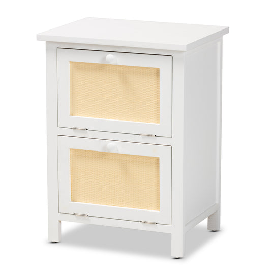 Sariah End Table - Mid-Century Modern Design with White Wood and Rattan, 2-Door Storage for Living Room or Bedroom