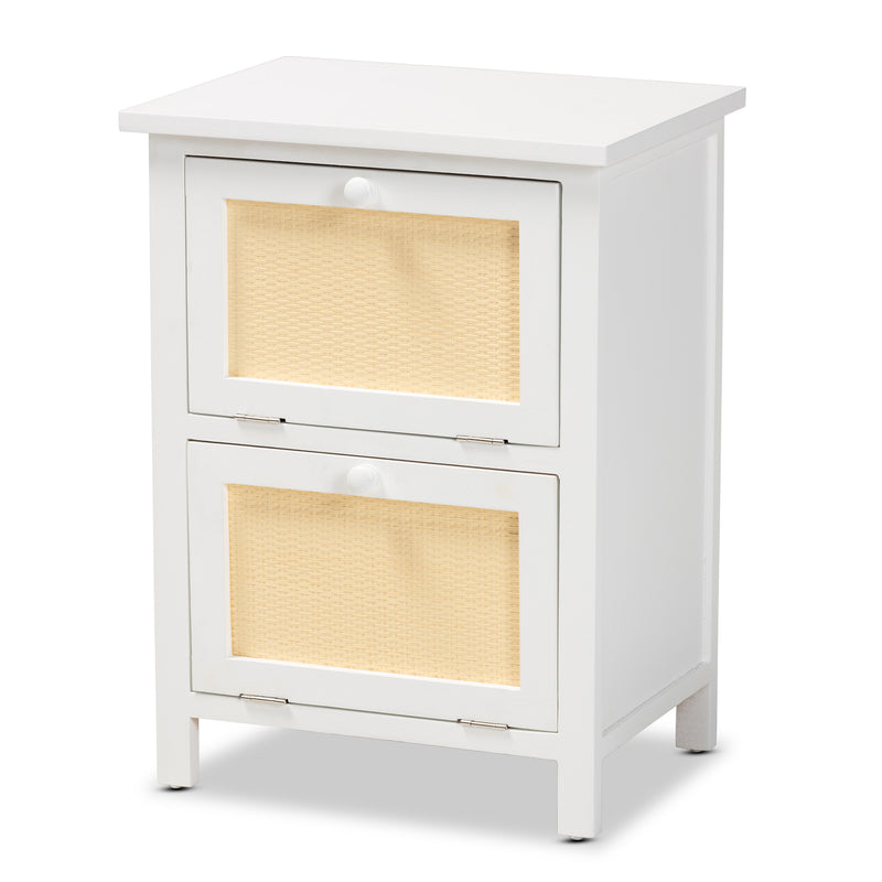 Sariah End Table - Mid-Century Modern Design with White Wood and Rattan, 2-Door Storage for Living Room or Bedroom