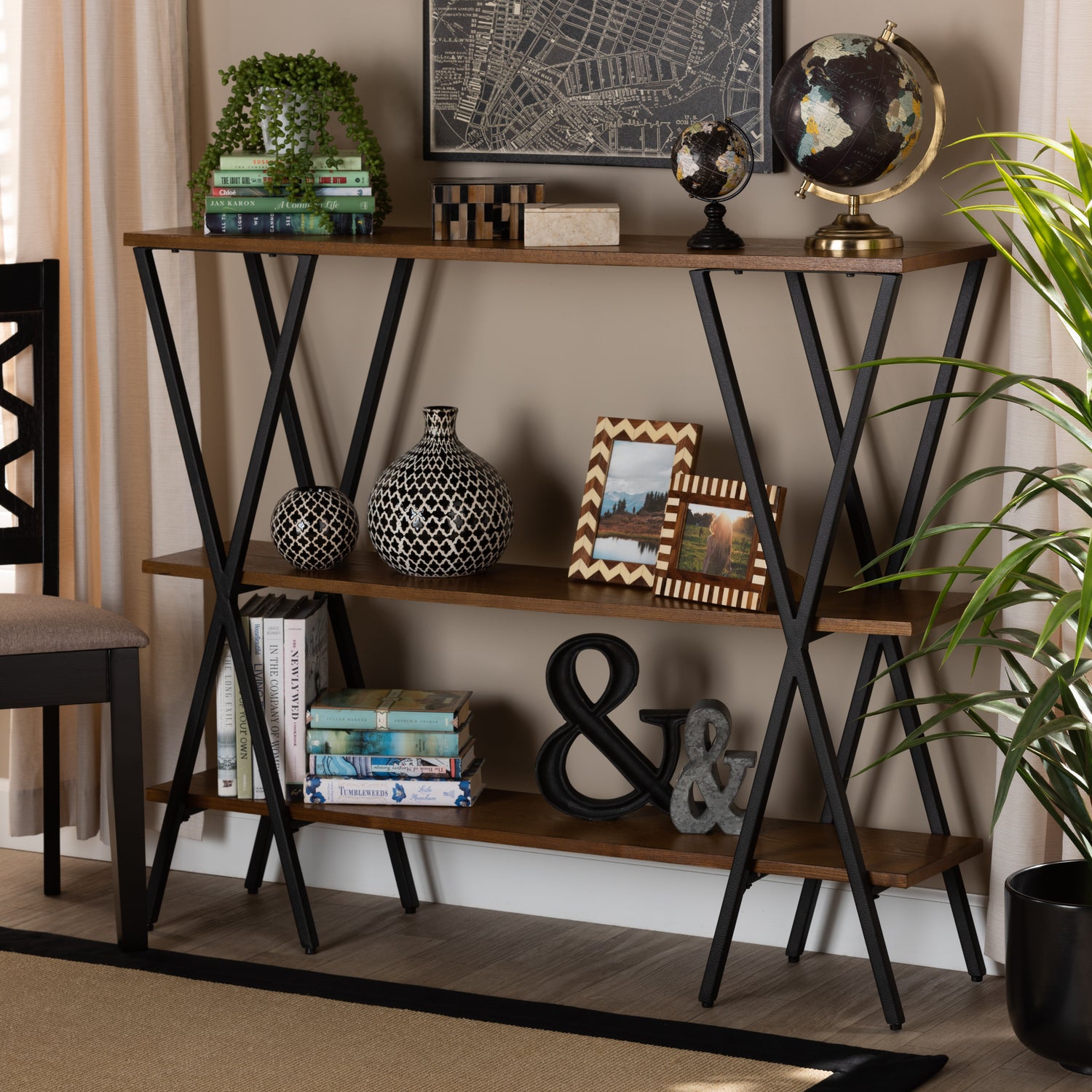 Norton Console Table Rustic Industrial Design with Walnut Brown Wood and Black Metal Accents