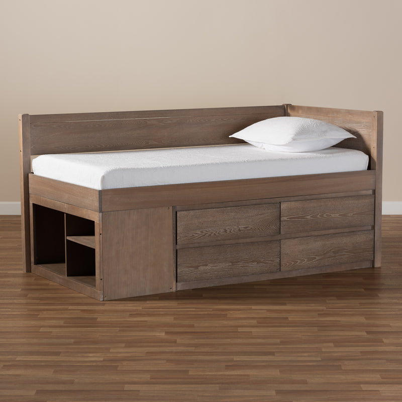 Levon Twin Size Storage Bed - Modern Design with Antique Oak Finish and 4 Drawers for Enhanced Organization