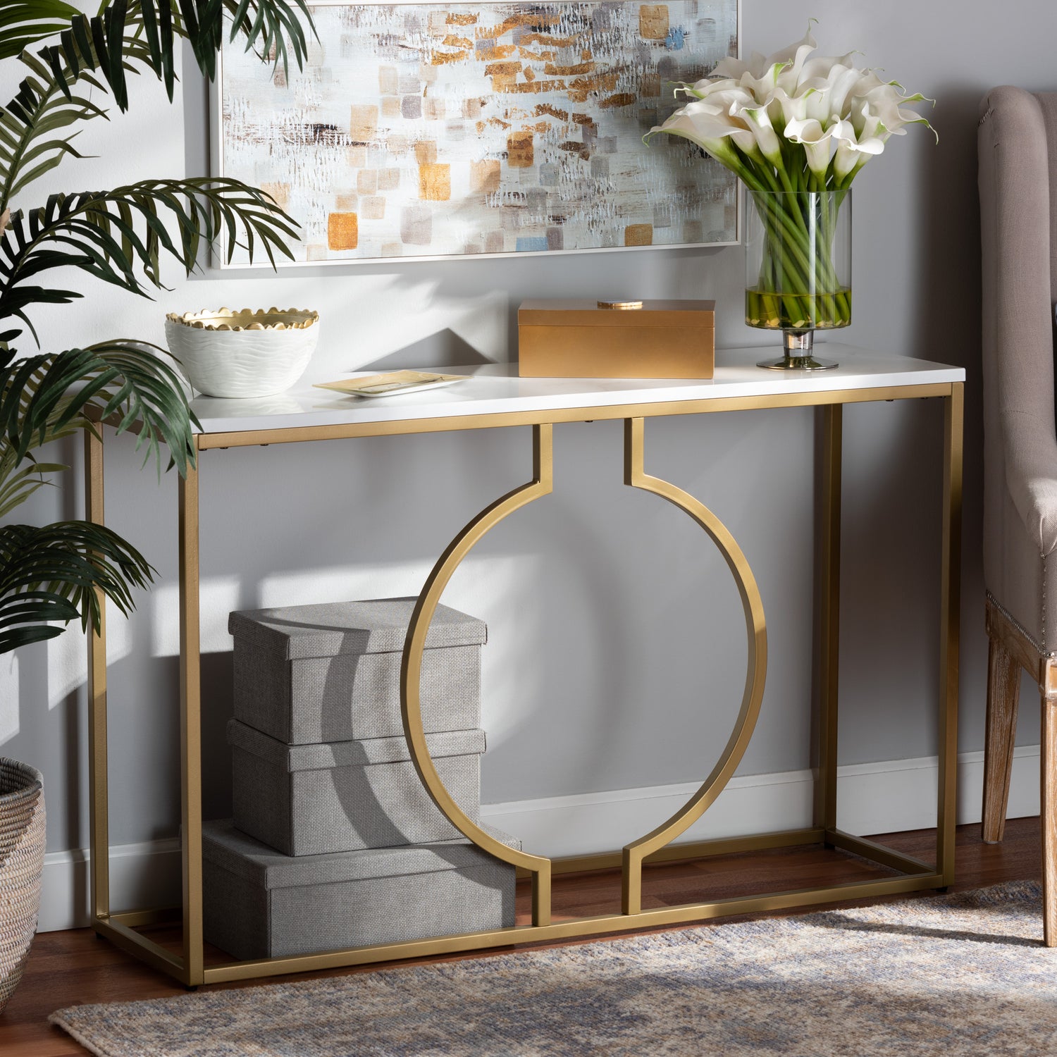 Caldwell Console Table Modern Gold Finished Metal Design with Elegant Faux Marble Top for Living Room or Entryway Decor