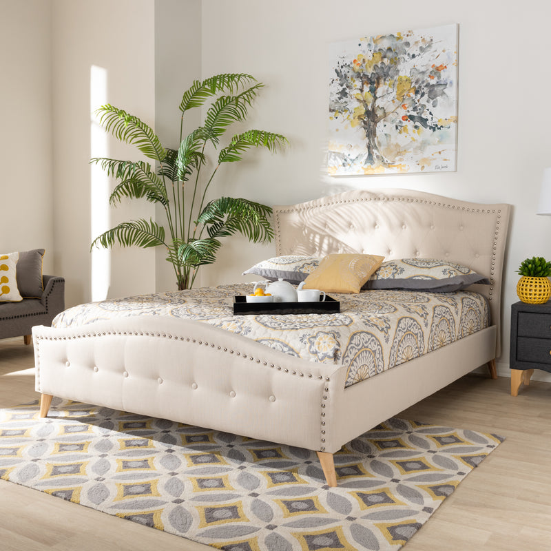 Felisa Platform Bed - Modern and Contemporary Beige Fabric Upholstered with Button Tufting