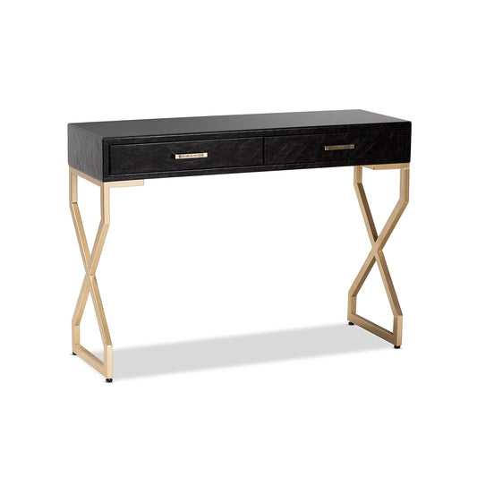 Carville Console Table Modern Dark Brown Faux Leather Upholstered with Gold Finished 2-Drawer Design for Stylish Storage and Display