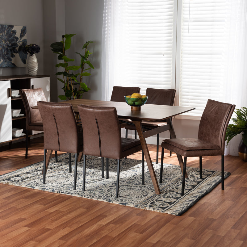 Gerard 7-Piece Dining Set: Modern Design with Distressed Brown Fabric, Black Metal Finish, and Walnut Brown Wood