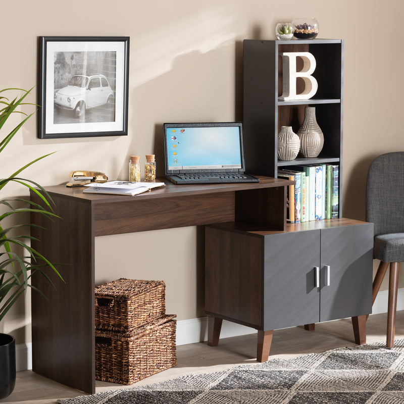 Jaeger Storage Desk - Modern Two-Tone Walnut Brown and Dark Grey Wood with Shelves for Home Office Organization