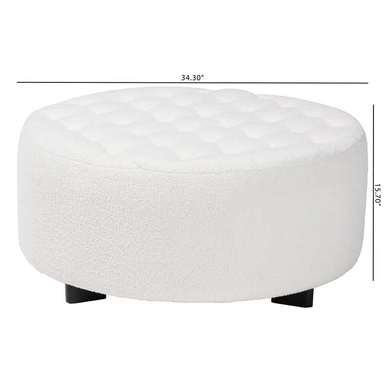 Athena Round Ottoman Modern Ivory Boucle Upholstered with Black Wood Base Stylish Accent Furniture for Living Room or Bedroom