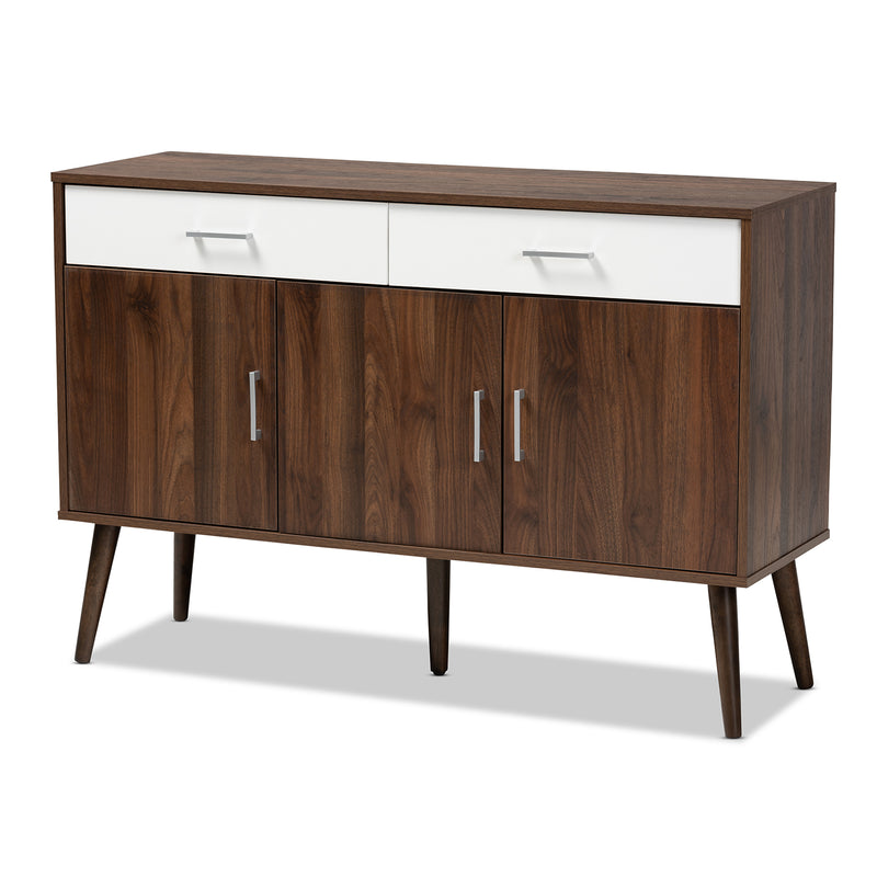 Leena Sideboard Mid-Century Modern Two-Tone White and Walnut Wood 2-Drawer Buffet for Dining Room Storage and Organization