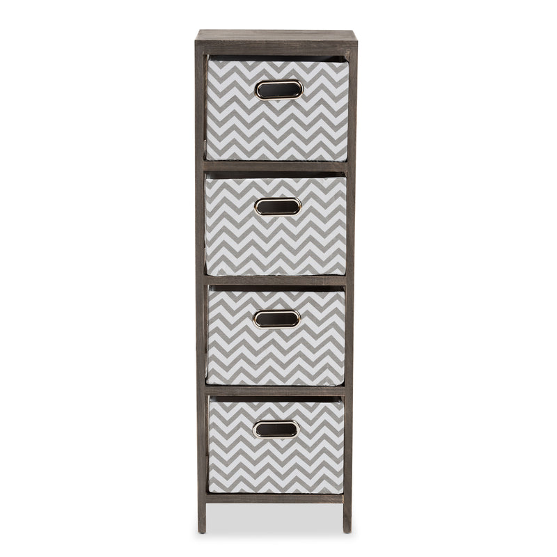 Jorah Tallboy Storage Unit - Modern Grey and White Fabric Upholstered with Greywashed Wood and 4 Baskets for Stylish Organization