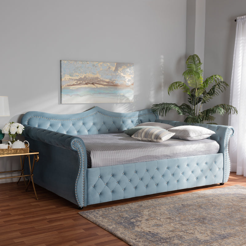 Abbie Daybed - Traditional and Transitional Grey Velvet Fabric Upholstered with Crystal Tufting