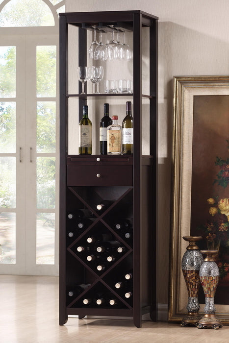 Austin Brown Wood Modern Wine Tower Storage Unit with Shelves and Display Rack for Bottles and Glasses