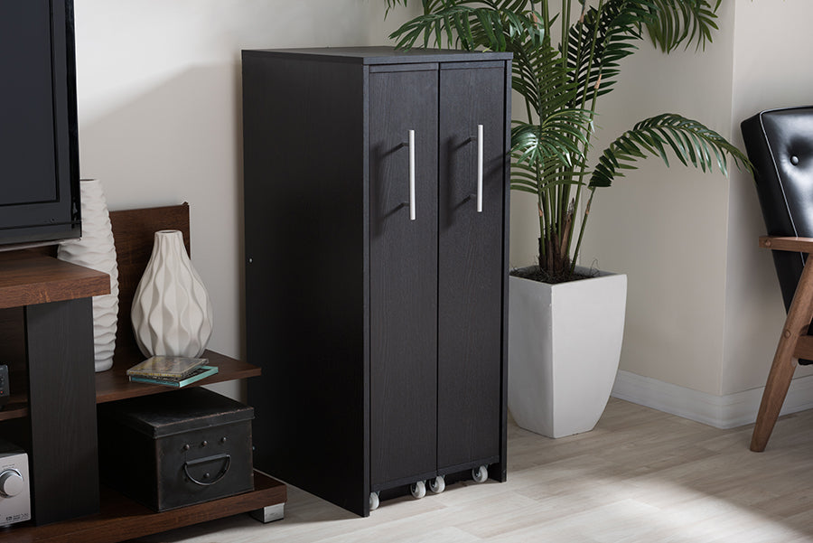 Lindo Bookcase Dark Brown Wood Shelving Cabinet with Two Pull-out Doors for Stylish Storage and Organization