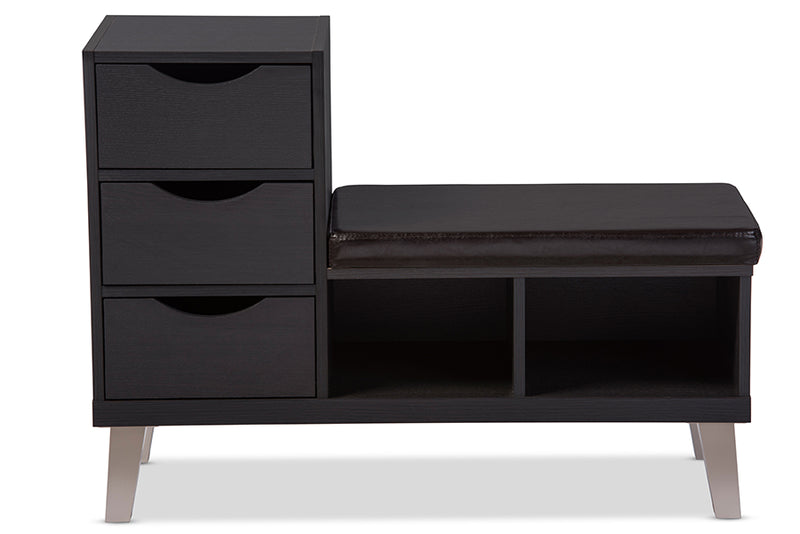 Arielle Shoe Storage Bench Modern and Contemporary Dark Brown Wood 3-drawer Padded Leatherette Seating with Two Open Shelves