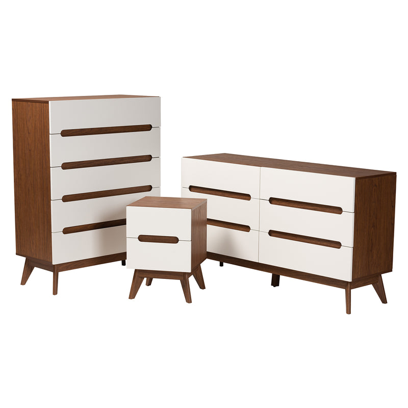 Calypso Mid-Century Modern 3-Piece Storage Set in Two-Tone White and Walnut Finished Wood for Stylish Organization and Décor