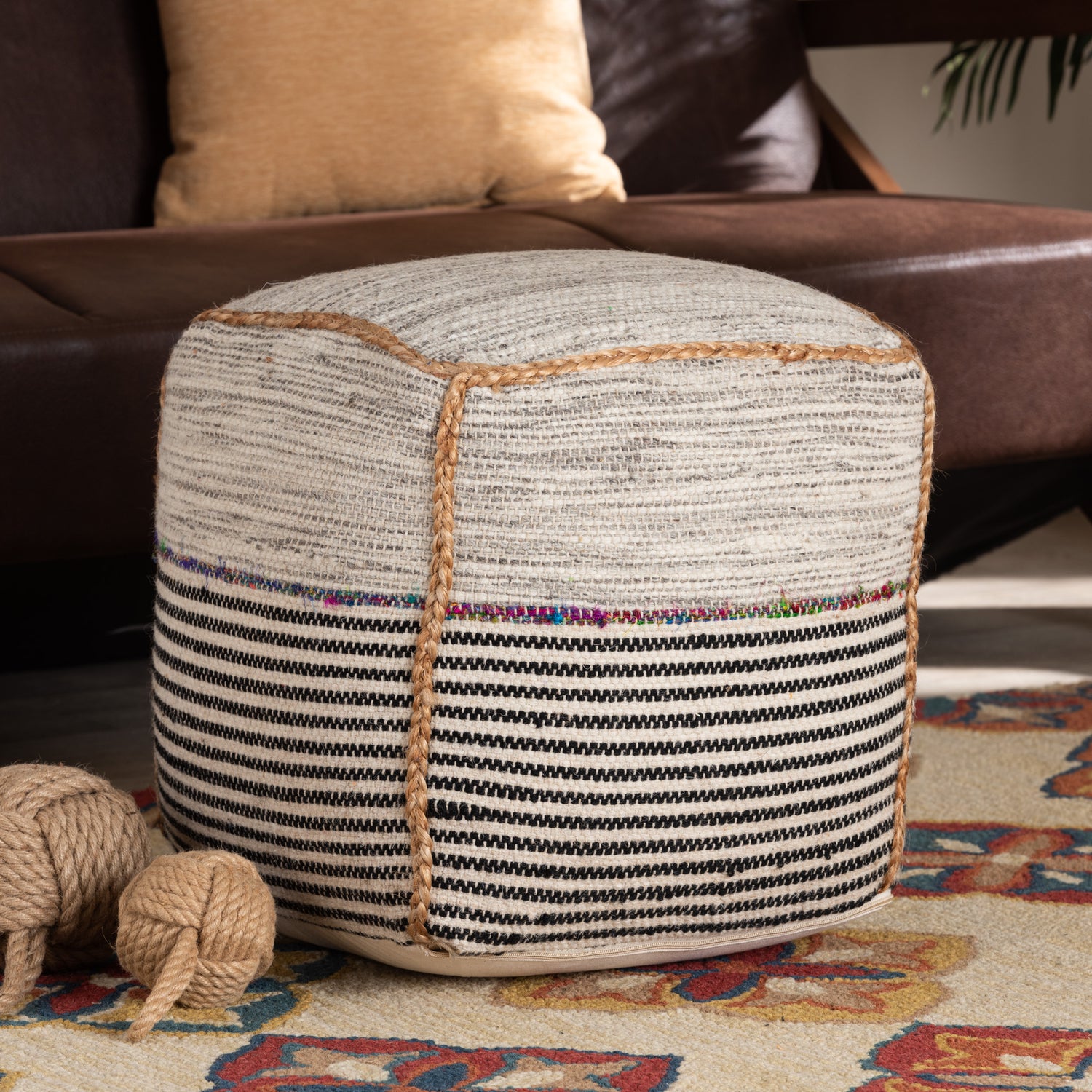 Arta Pouf Ottoman Modern Multi-Colored Handwoven Wool Blend for Bohemian Home Decor