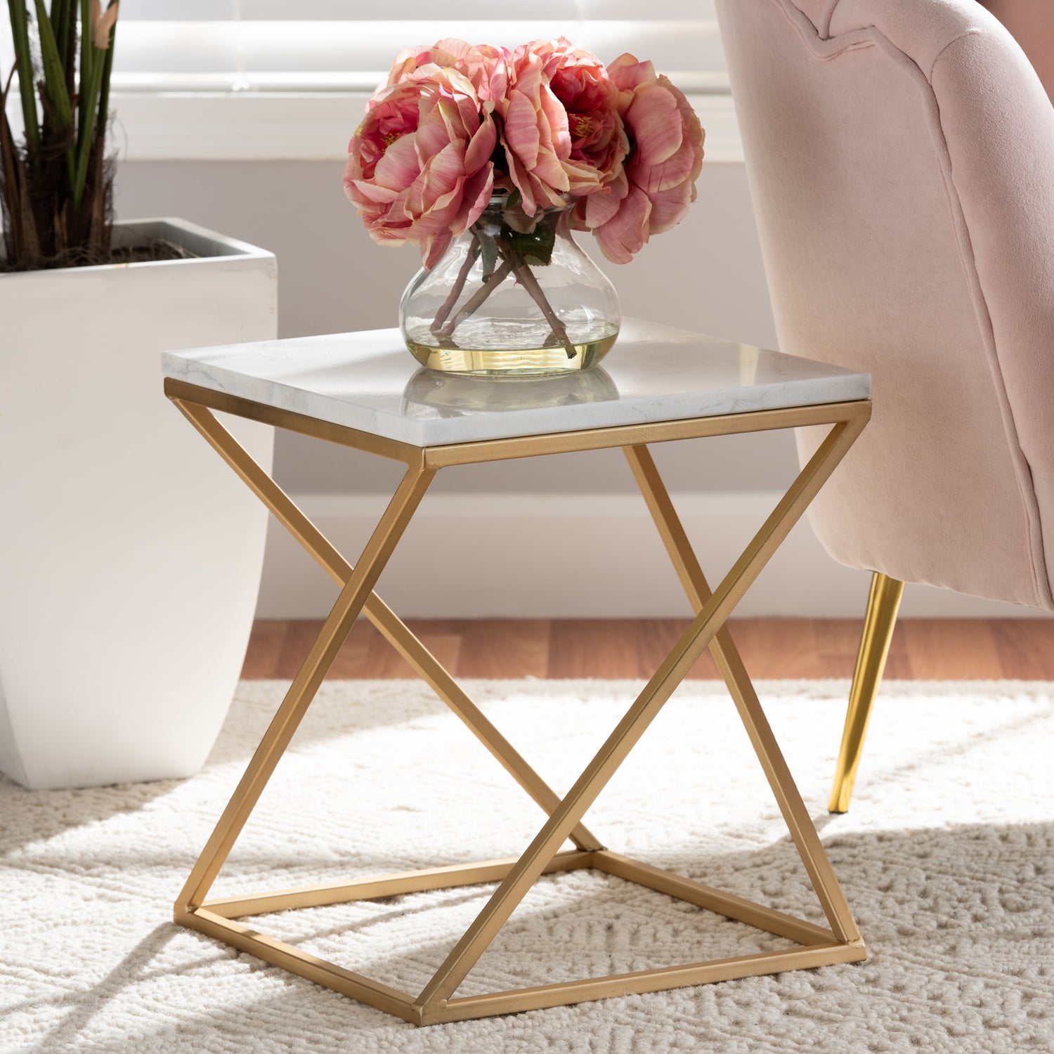 Hadley Modern End Table Gold Finished Metal with Elegant Marble Top