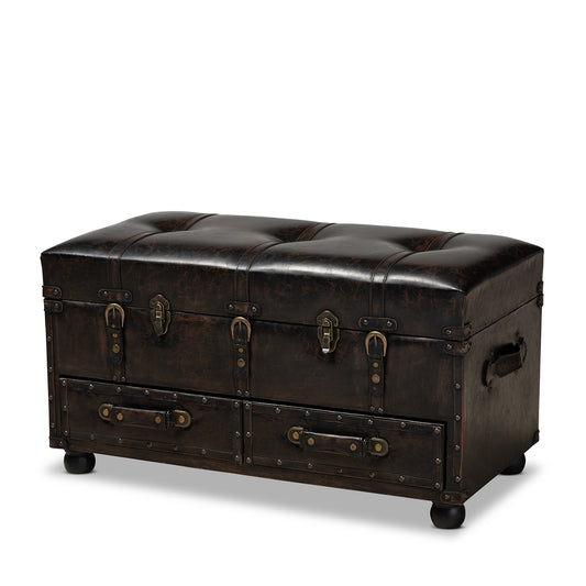 Callum Storage Trunk Ottoman Modern Transitional Distressed Dark Brown Faux Leather with 2 Drawers for Stylish Organization and Comfort