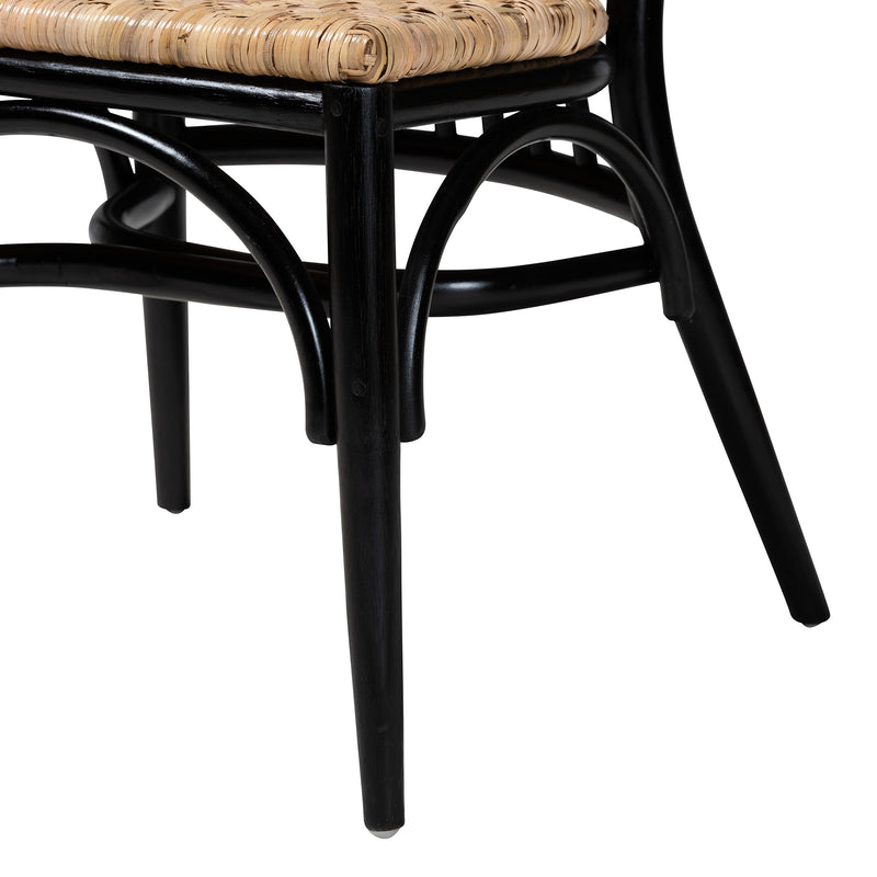 Parthenia Mid-Century Modern Dining Chair in Two-Tone Black and Walnut, Crafted from Mahogany with Natural Rattan Accents