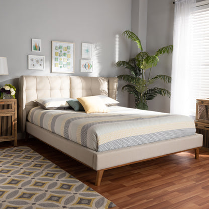 Gretchen Platform Bed - Modern and Contemporary Light Beige Fabric Upholstered with Walnut Brown Finished Wood