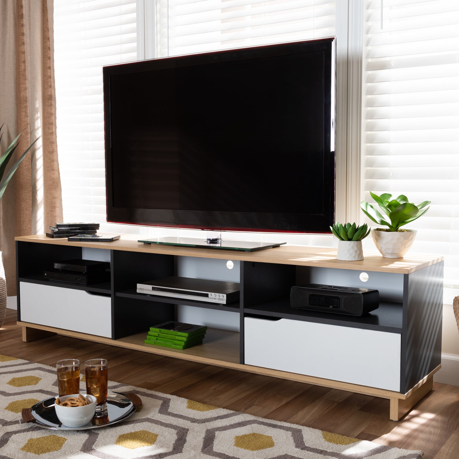 Reed Mid-Century Modern 2-Drawer Wood TV Stand in Multicolor with Storage and Stylish Design