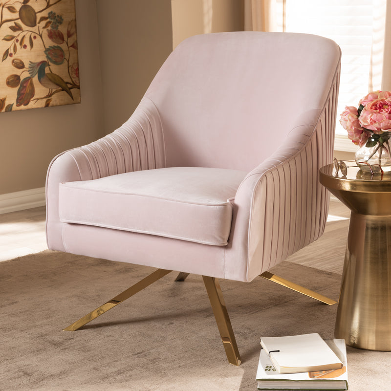 Amaya Luxe Lounge Chair Glamour Light Pink Velvet Upholstered with Gold Base Elegant Accent Chair for Living Room or Bedroom Decor