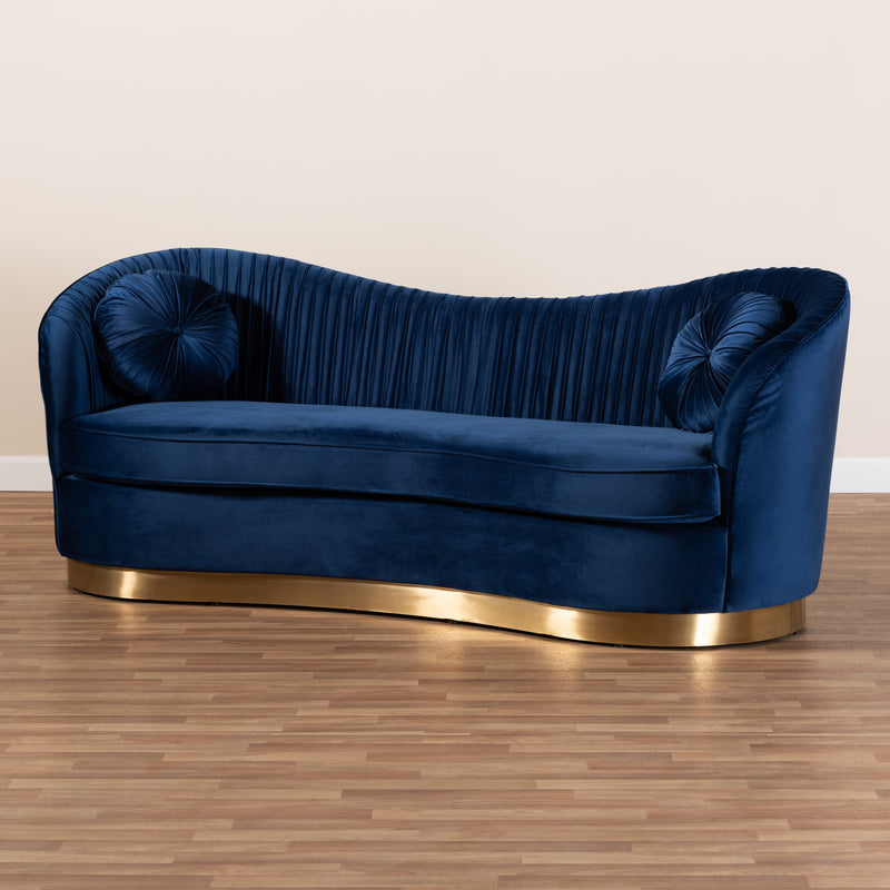 Nevena Glam Royal Blue Velvet Sofa - Luxurious Upholstered Couch with Gold Accents for Elegant Living Room Decor