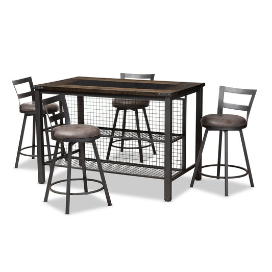 Arjean 5-Piece Pub Set Rustic Industrial Grey Fabric Upholstered Dining Furniture for Stylish Home Decor