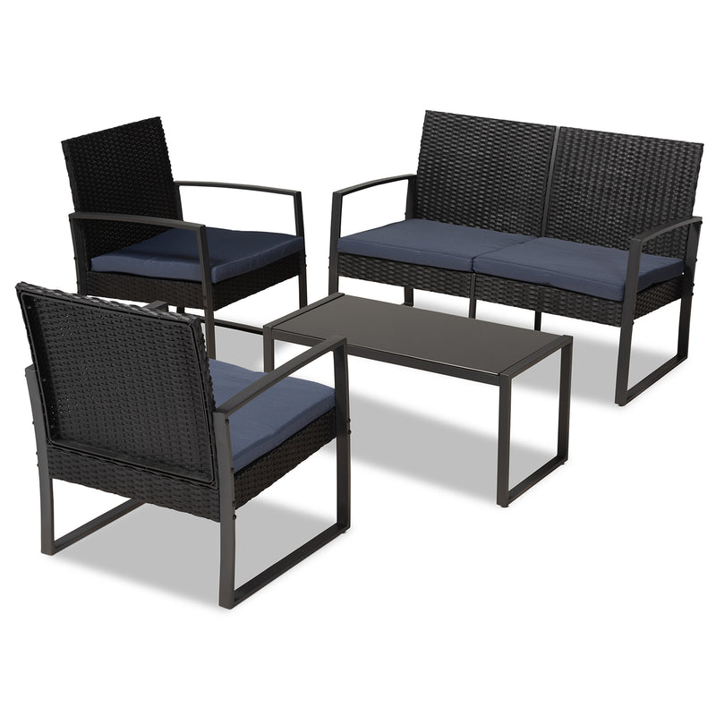 Greta Patio Set Modern 4-Piece Outdoor Furniture with Dark Blue Fabric Upholstery, Black Metal Finish, and Synthetic Rattan