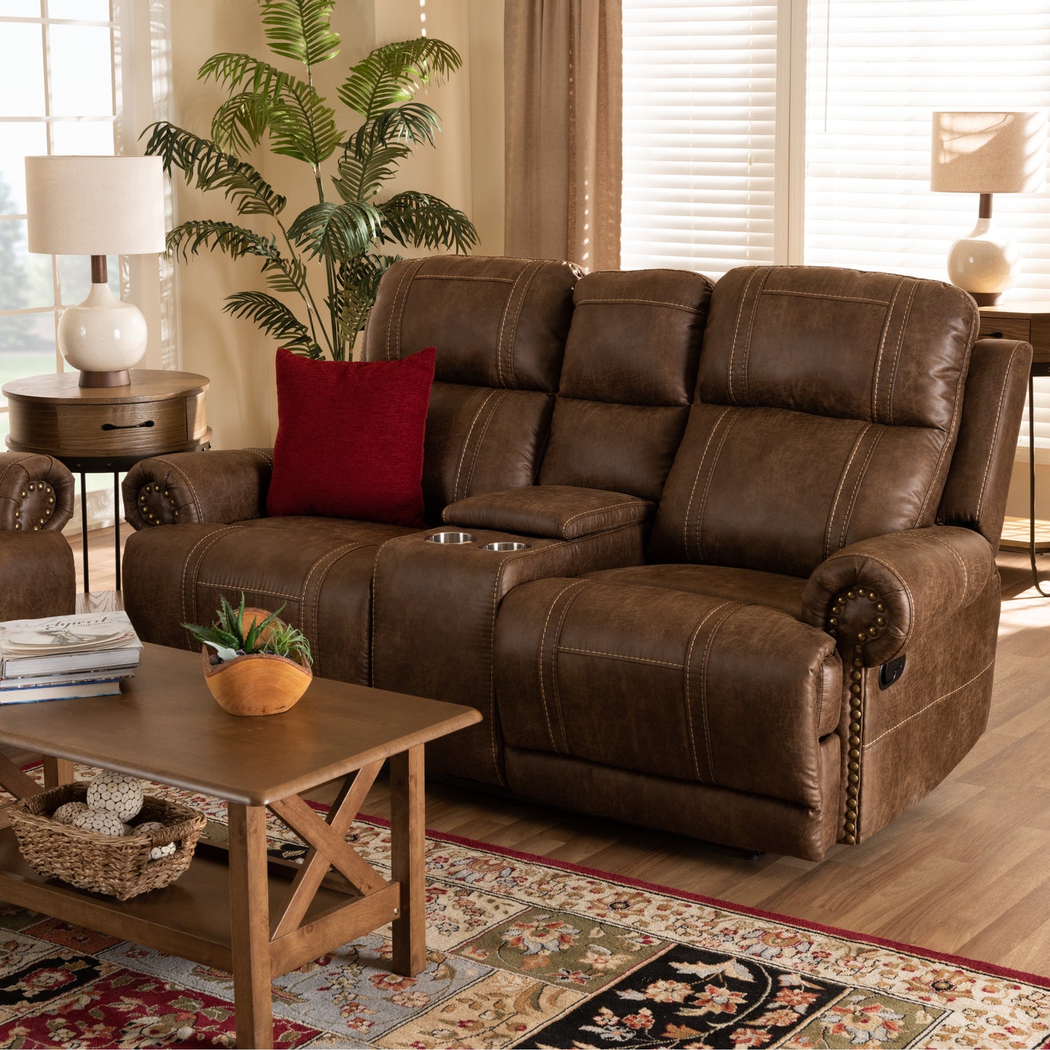 Buckley Reclining Loveseat Modern Light Brown Faux Leather Upholstered 2-Seater with Console for Ultimate Comfort and Style