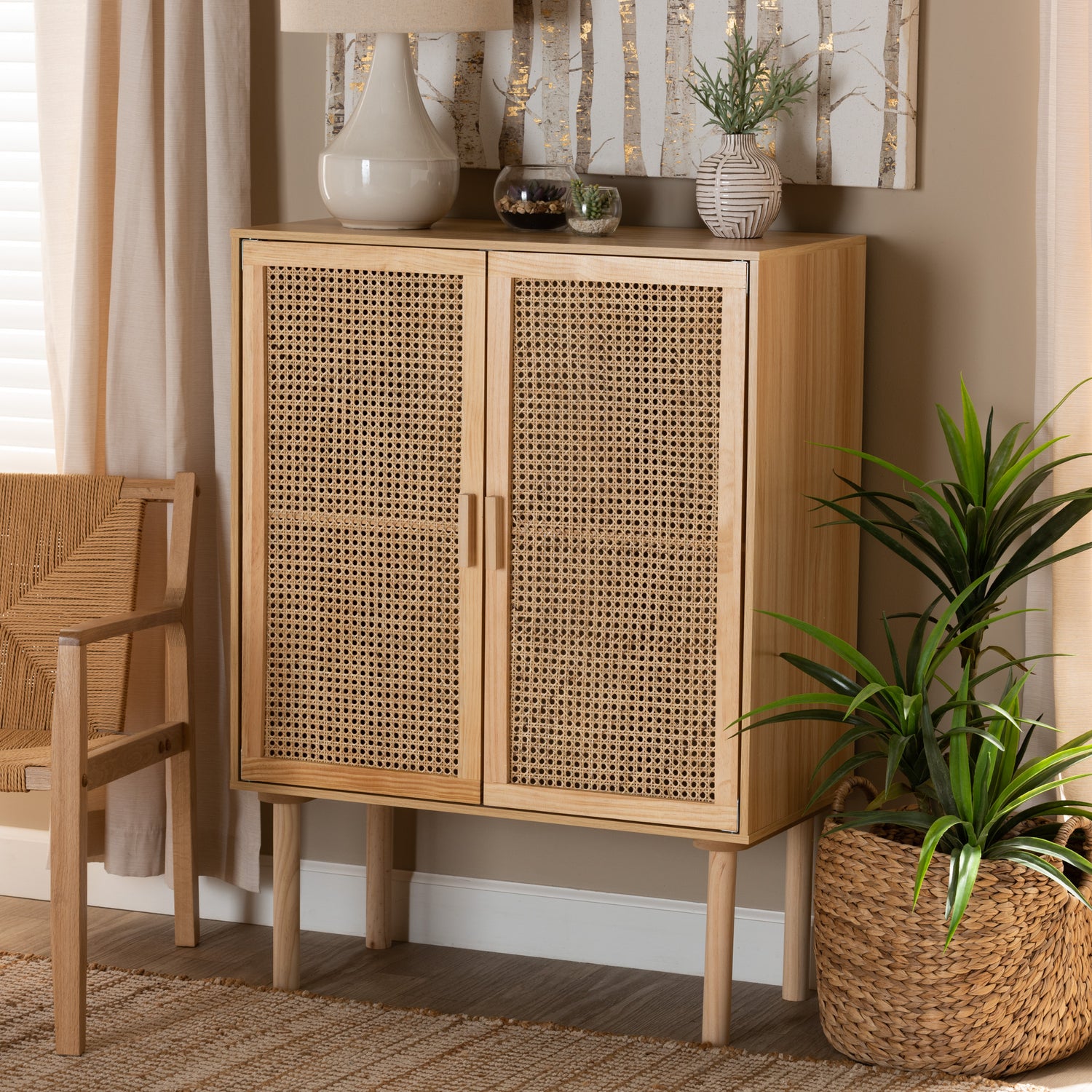 Maclean Mid-Century Modern Storage Cabinet - Rattan and Natural Brown Wood, 2-Door Design for Stylish Organization and Décor