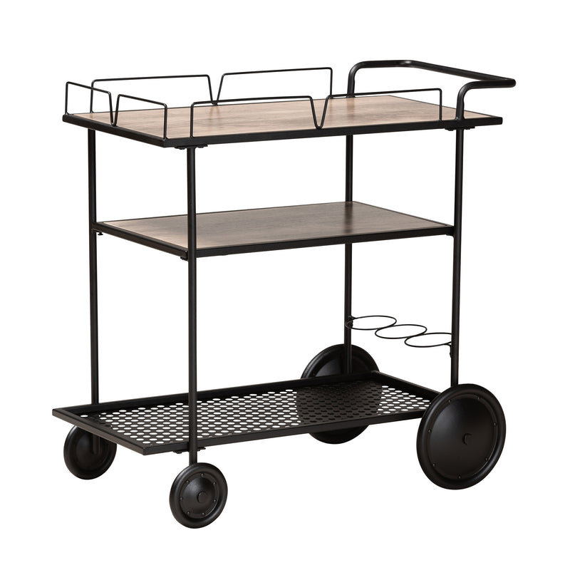 Huntley Mobile Wine Cart Modern Industrial Design with Walnut Brown Wood and Black Metal Frame